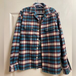 All Saints Embroidery Flannel - Blue Orange Plaid